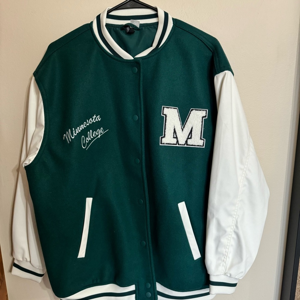 H&M bomber Jacket  for women in size L - Dark Green & White Color
